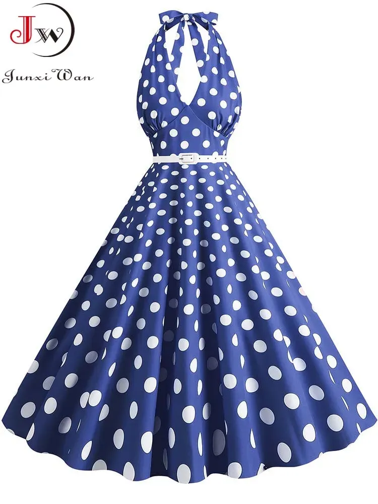 Giyim Kadınlar Vintage Halter Partisi Elbise Yaz Polka Dot Salıncak Rockabilly Kokteyl Prom Zarif Mi. Elbise