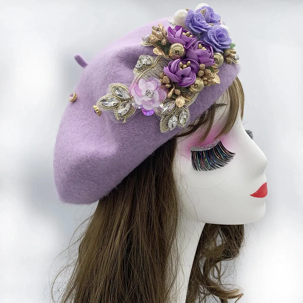 Kobieta głowa maska ​​turbantu mujer zima jesienna damska damska beret flower diamonds turban czapka 240307