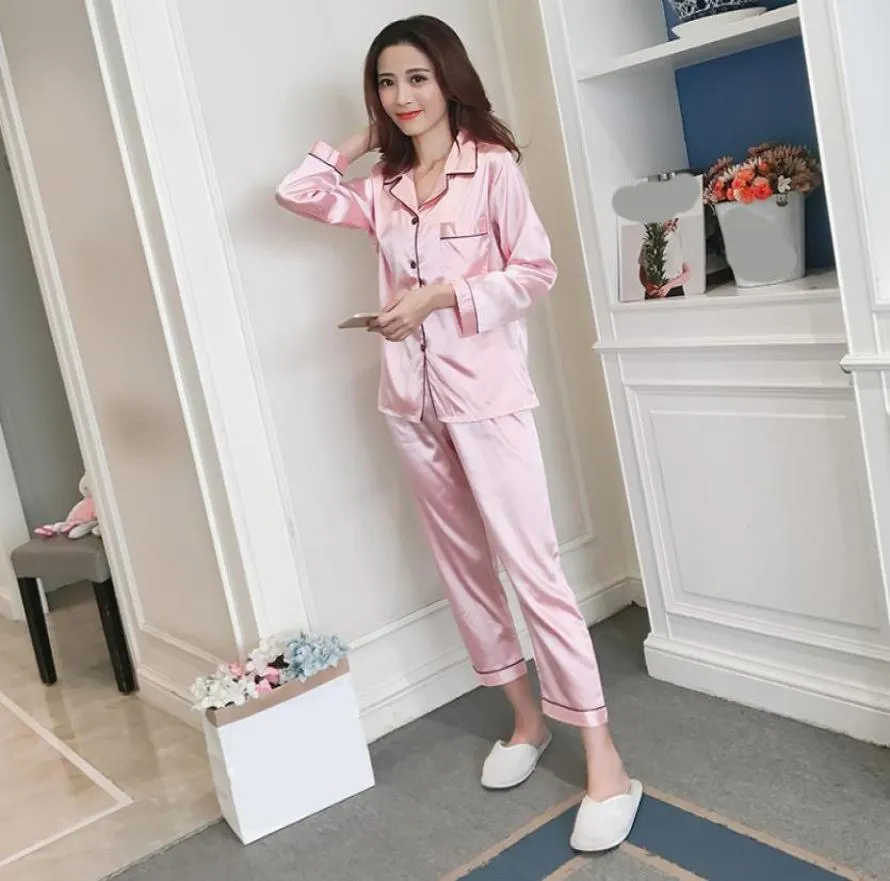 Pyjama Silk Pajamas For Women Satin Women Pajamas Sets Long Sleeves Turndown Collar Pocket Decor TopPants Silk3017517