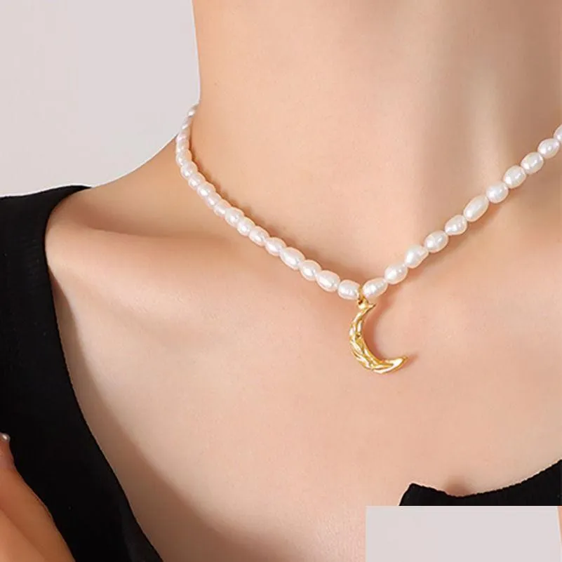 Hänge halsband naturliga sötvatten pärla kedjekedja pärlor halsband rostfritt stål guldpläterad månhänge halsband kvinnor fash dhpfo