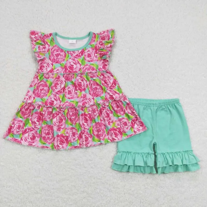 Robes de fille en gros Boutique occidentale vêtements pour enfants vêtements pour bébés filles Floral Turquoise manches volantes haut short en dentelle costume