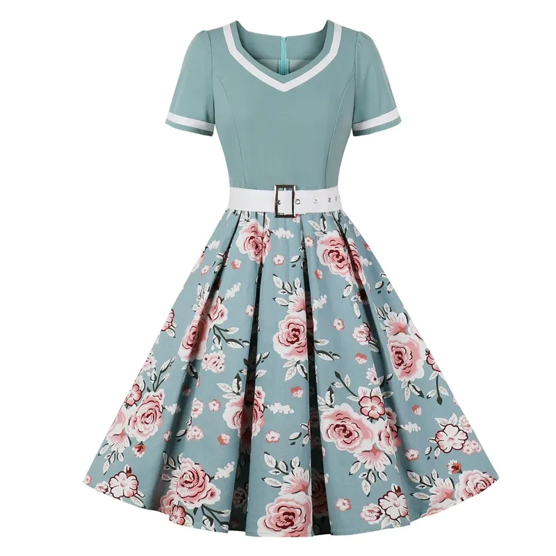 Klänning överdimensionerad vintage blommig veckade klänningar 40s 50 -tal 60 -damer 3xl 4xl kvinnor hög midja pinup eleganta rockabilly klänningar med bälte