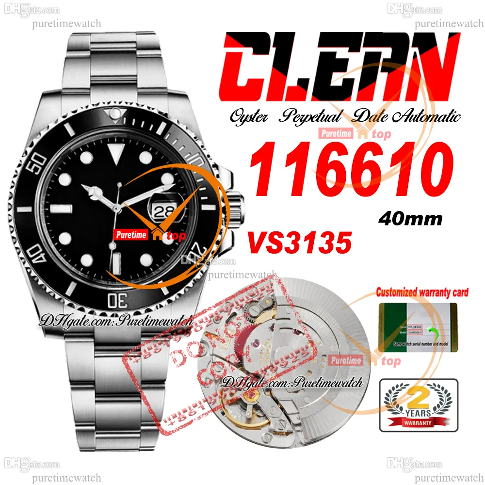 40 mm 11661 VS3135 Automatyczna męska zegarek Clean CF V5 Ceramic Bezel Black Dial 904L Bransoletka ze stali nierdzewnej Super edycja ta sama seria karta PureTimeWatch RelOJ hombre