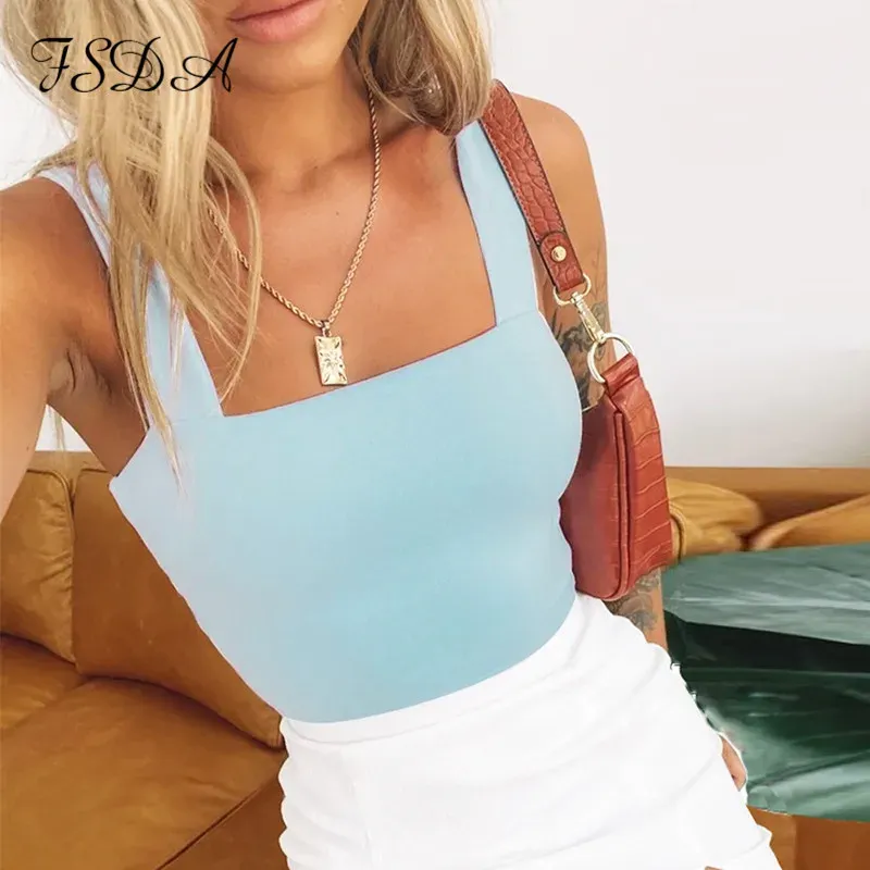 Camis FSDA Square Neck Deckless Summer Crip Top White White Women Black Discal Basic Tirt قبالة الكتف Cami Sexy عارية الذروة إلى أعلى الخزان