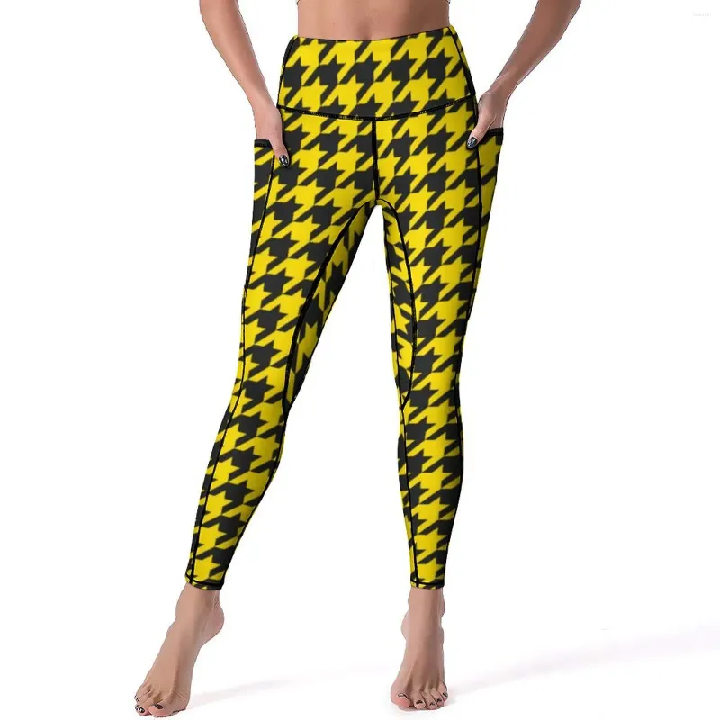 Calça ativa amarelo preto houndstooth leggings bolsos design de impressão vintage yoga push up fitness legging kawaii elástico