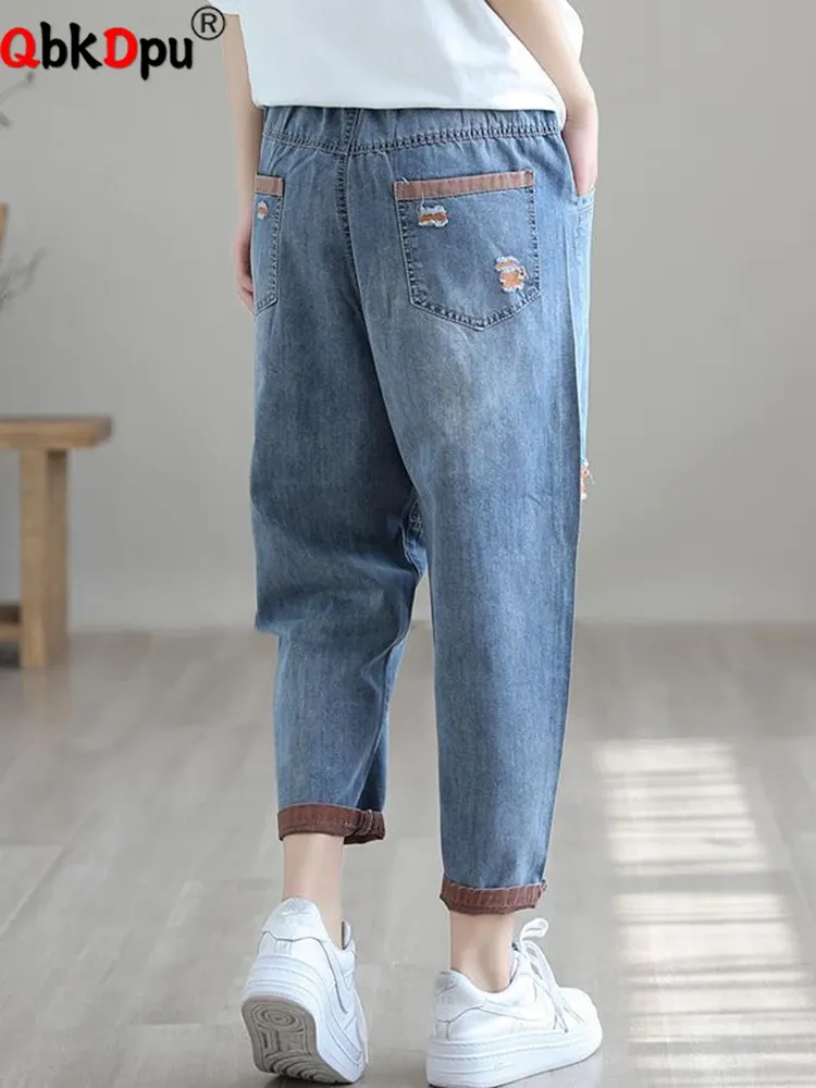 Calças de brim rasgadas tornozelo comprimento do vintage cintura alta baggy harem denim calças mulher cordão pantalon novo jeansy mangueira casual vaqueros