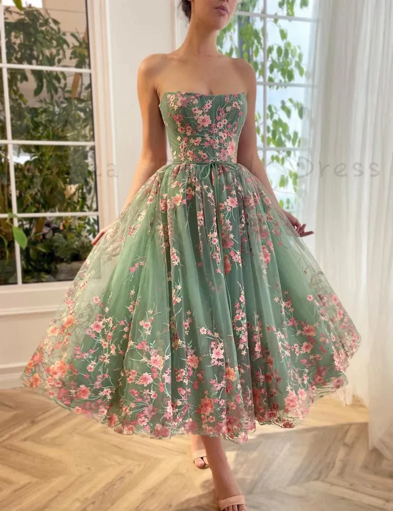 Sage Green Tulle Prom Dresses for Teens Girls with Pink Lace Embroideries TeaLength Birthday Party Dress ALine 240227