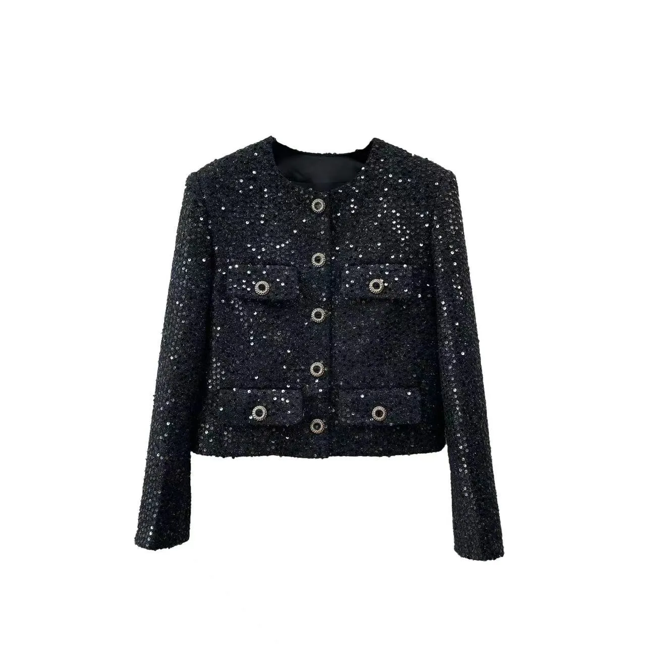 Vinatge 2024 preto lantejoulas o pescoço bolsos mangas compridas único breasted botões jaqueta feminina designer jaquetas de alta qualidade 30714