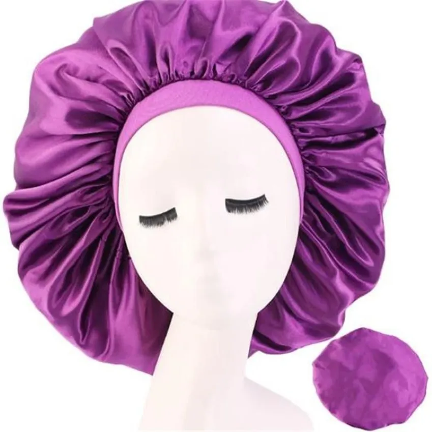 Solid Satin Bonnet Hårstyling CAP Långt hårvård Kvinnor Natt Sleep Hat Silk Head Wrap Shower Cap Styling Tool Whole283s