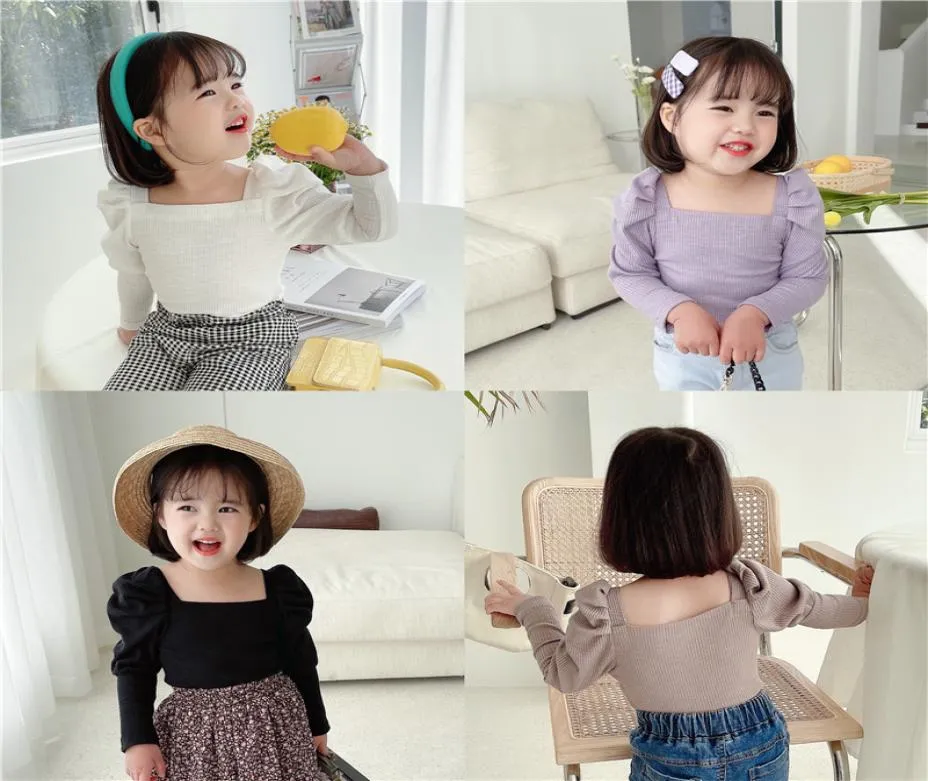 Summer INS Little girls ribbed tshirts autumn blank puff sleeve cotton fashion bountique clothes winter fall top 27 years4947638