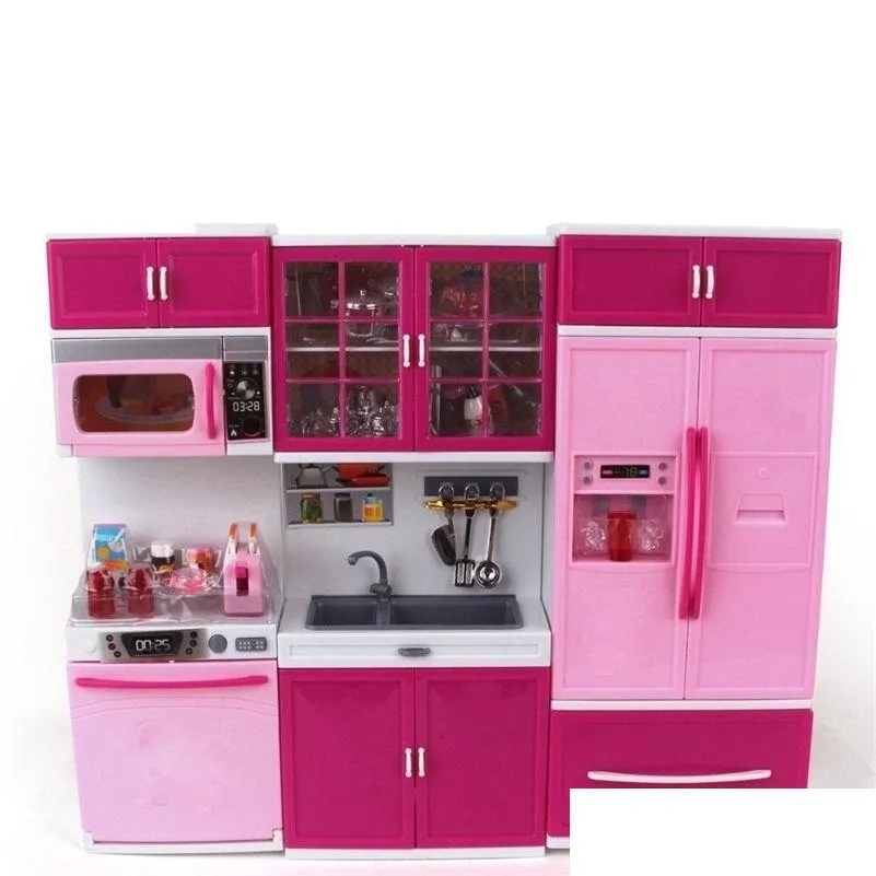 Kitchens & Play Food Kids Large Children /27S Kitchen With Sound And Light Girls Pretend Cooking Toy Play Set Pink Simation Cupboard G Dhzuw