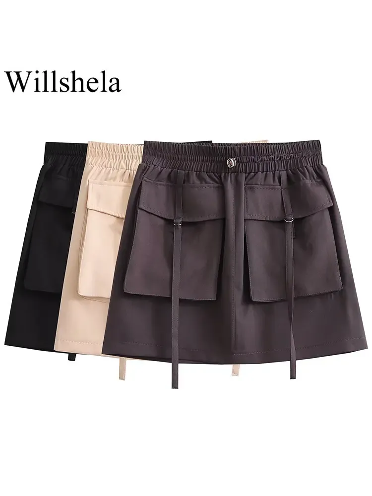 Dresses Willshela Women Fashion with Pockets Solid Lace Up Mini Skirts Vintage High Elastic Waist Female Chic Lady Short Skirts