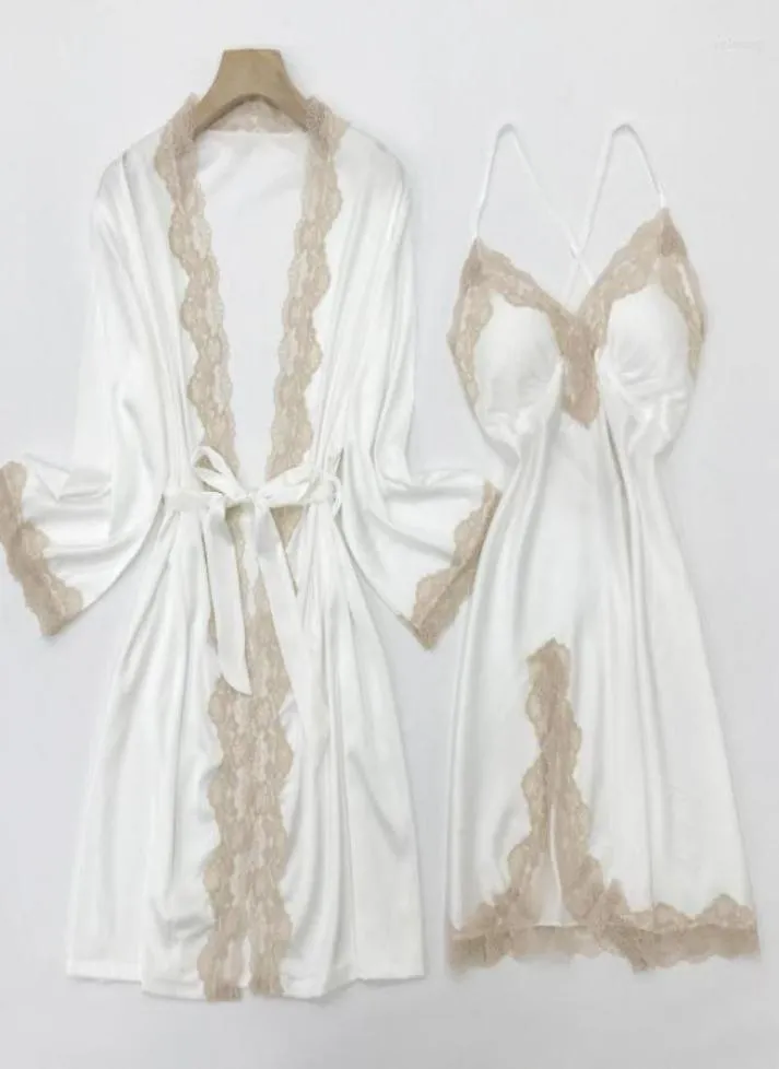 Women039S Sleepwear White Bride Bridemaid Wedding Robe Set Sexy Full Slip Lace NightGown Summer Satin Imono Bath Gown HO2299358