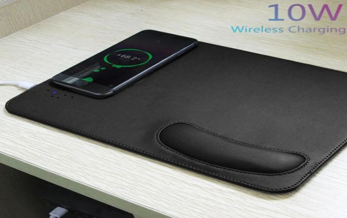 Podkładki myszy Opiera się Qi 10W bezprzewodowej ładowarki ładowania komputerowego PAD PU skórzana Mousepad z małym ergonomicznym komputerem PC OFI7830534