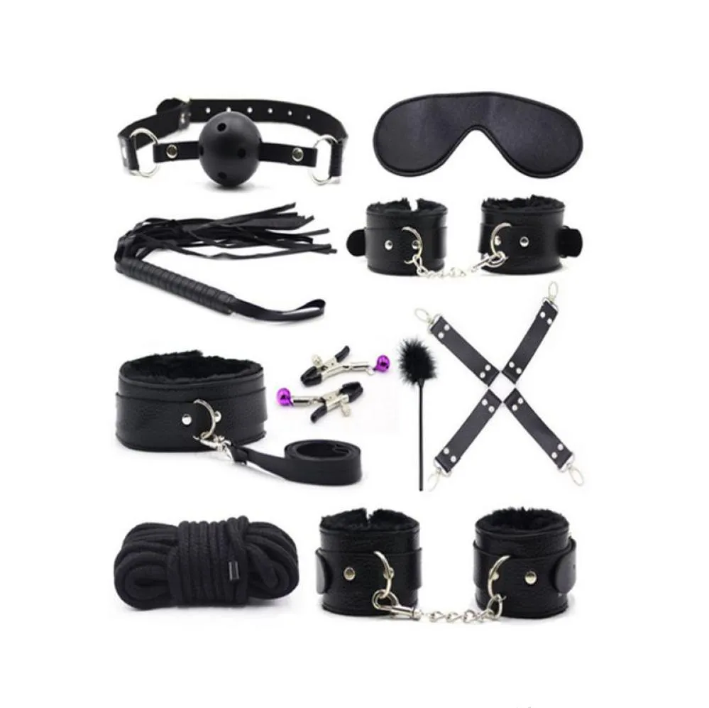 10 PCSSet Sexig underkläder Pu Leather Sex Bondage Set Hand manschetter Fot cuff Whip Rope Blindbinds Erotiska sexleksaker för par T2005114492908