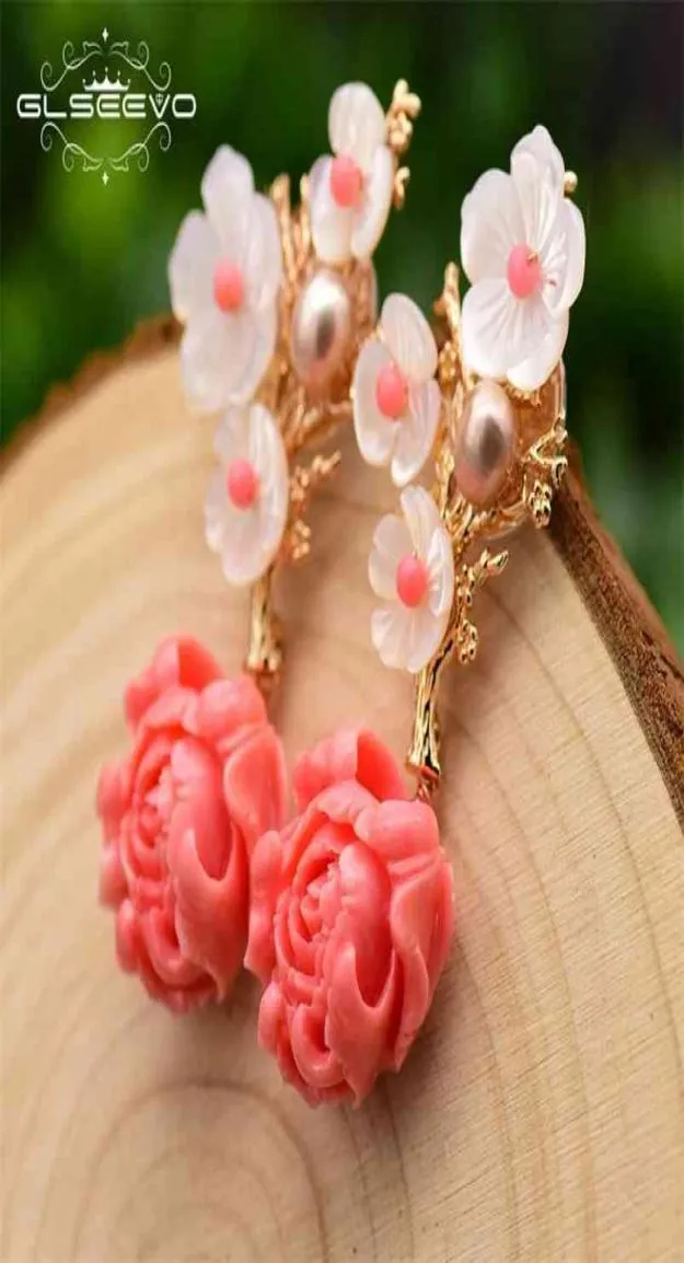 GLSEEVO réel 925 argent Sterling rose corail boucles d'oreilles goutte blanc perle pierre naturelle coquille fleur balancent GE0024 2106249142674