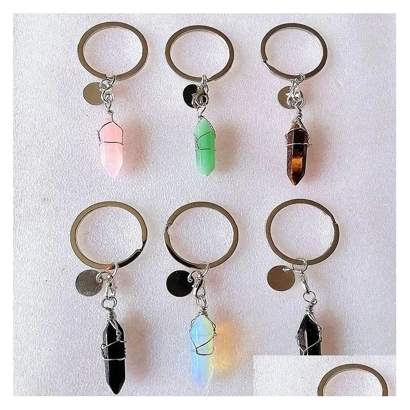 Keychains Lanyards Wire Wrap Hexagon Prism Reiki Healing Natural Stone Keychains Chakra Amethyst Pink Rose Crystal Key Rings Keyrin DHVC2