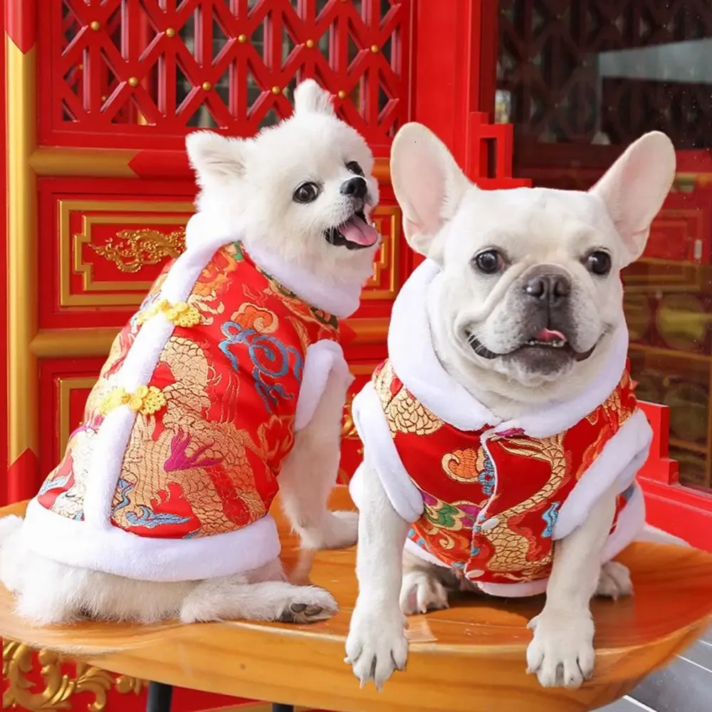 Estilo chinês primavera festival francês bulldog gatinho suprimentos para cães gatos jaquetas roupas para animais de estimação roupas cão colete casaco 240226