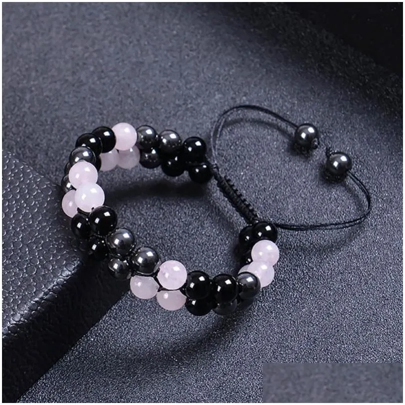 Chain 6Mm 8Mm Rose Quartz Hematite Obsidian Double Layer Braided Bracelet Natural Stone Crystal Couple Adjustable Bracelets Bangle Cu Dhi8Z