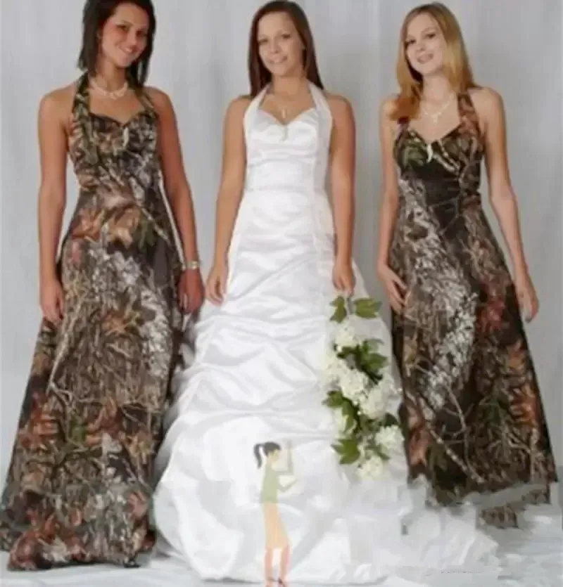 Vestidos de dama de honra vintage Realtree Modest Halter mancha de mancha sem nas costas ao ar livre Camo camuflando vestido de festa de casamento