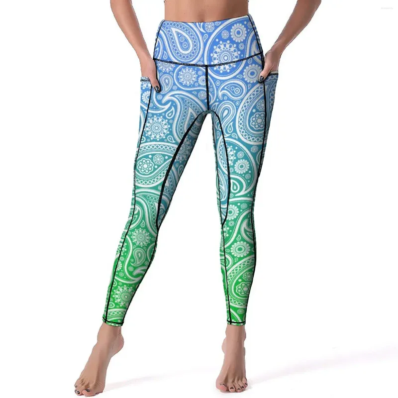 Women's Leggings White Paisley Yoga Pants Blue To Green Sexy High Waist Vintage Sport Legging Stretch Fitness Running Leggins