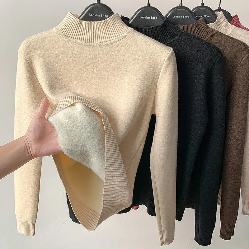Pullovers koreanska halvturtleneck stickade tröjor modekläder kvinna 2022 vintertröja avslappnad fleece fodrad varm stickad basskjorta