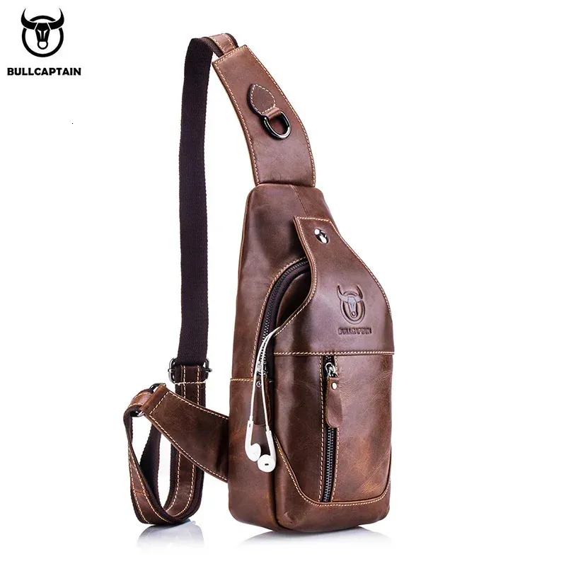 Bolsa mensageiro de couro bullcaptain masculina, bolsa casual para homens, marca de peito, designer multifuncional, fone de ouvido, pacote 240301