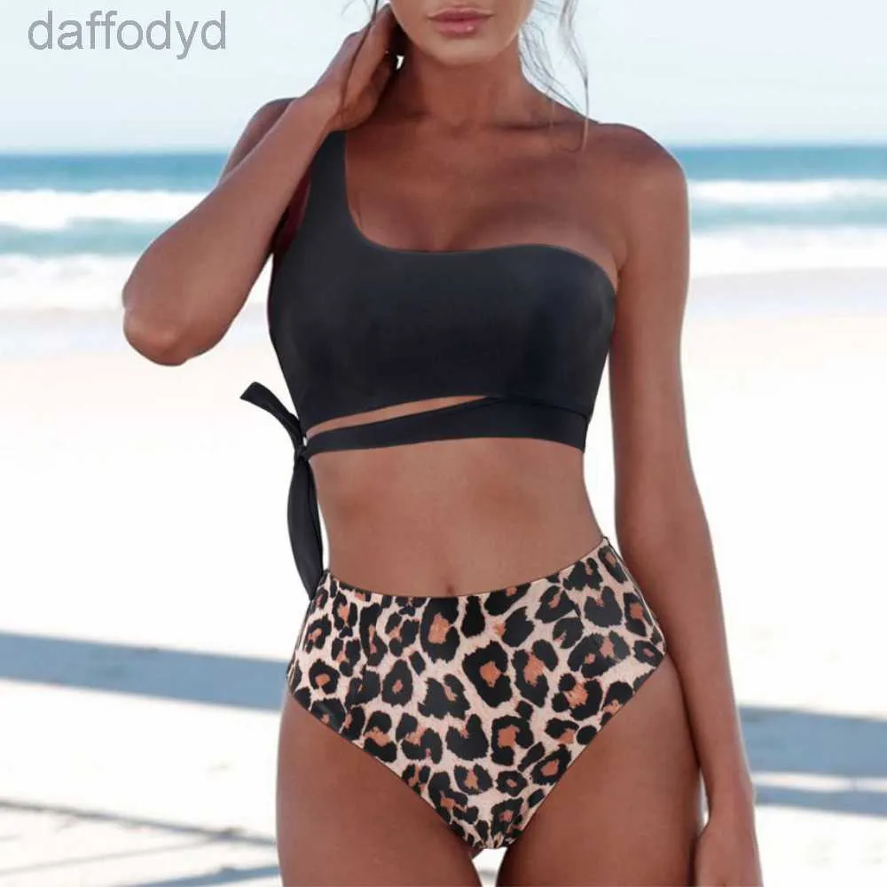 Kvinnors badkläder Kvinnor Badkläder Bikini Swimsuit Push Bikini Set Sexig One Shoulder Beachwear Summer Leopard Baddräkt Hög midja Badkläder 240307