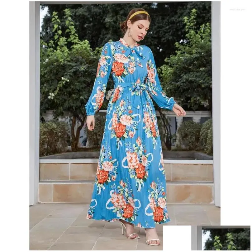 Abbigliamento etnico Donna Stampa floreale Manica lunga Abito maxi Cravatta Abiti con cintura pieghettata Primavera Estate Vacanza Abito da festa Caftano Musulmano D Dhxj4