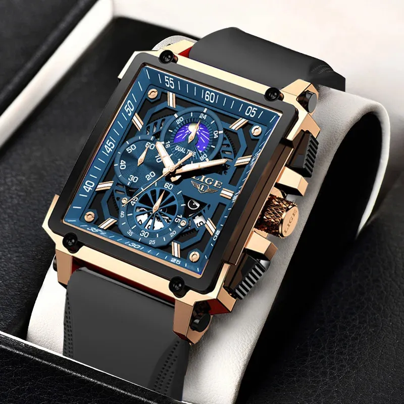 Lige Mens Watches Top Marka Luksusowy Hollow Square Sport Watch for Men Fashion Silikon Waterproof Quartz Carparcbox Borewatchbox 240227