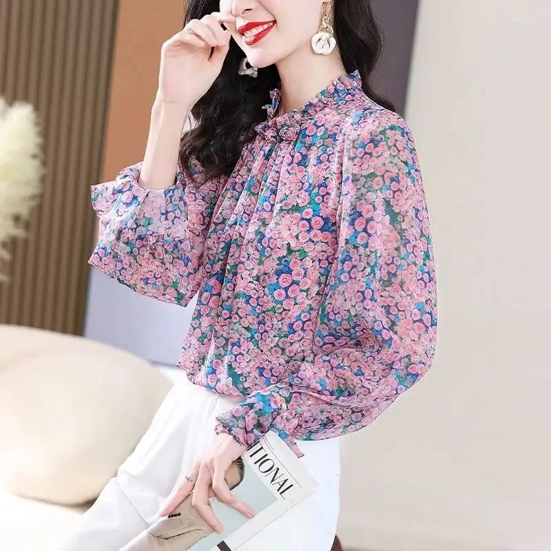 Blouses pour femmes Élégant imprimé épissé plis Flare manches florales femmes vêtements 2024 printemps lâche tout-match hauts bureau dame chemises