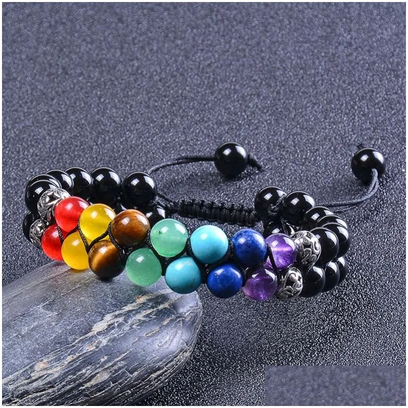 Chain 8mm Yoga 7 Chakra Reiki Healing Crystal Gemstone Armband Hand Woven Double Layer Justerbar pärlor Lava Agate Armband Wristb Dhkr0