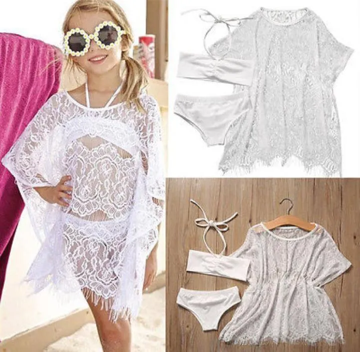 3PCS Set Girls Kids Summer Lace Beachwear Bathing Suit Bikini Set Cover up Swimsuit Swimwear Beach Dress Girls Clothes4027078