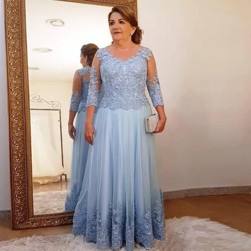 Plus la taille mère de la robe de mariée pour la fête de mariage bleu clair pure illusion équipage dentelle tulle 3/4 manches longues dames formelle soirée robes de bal