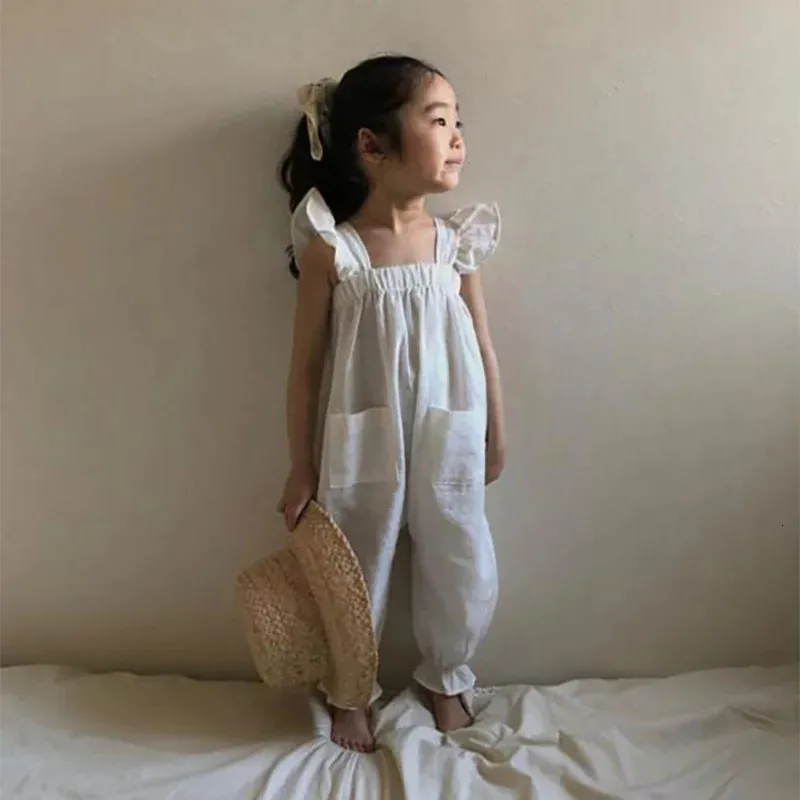 Milancel crianças macacões de linho meninas macacões brancos roupas de verão meninas 240226
