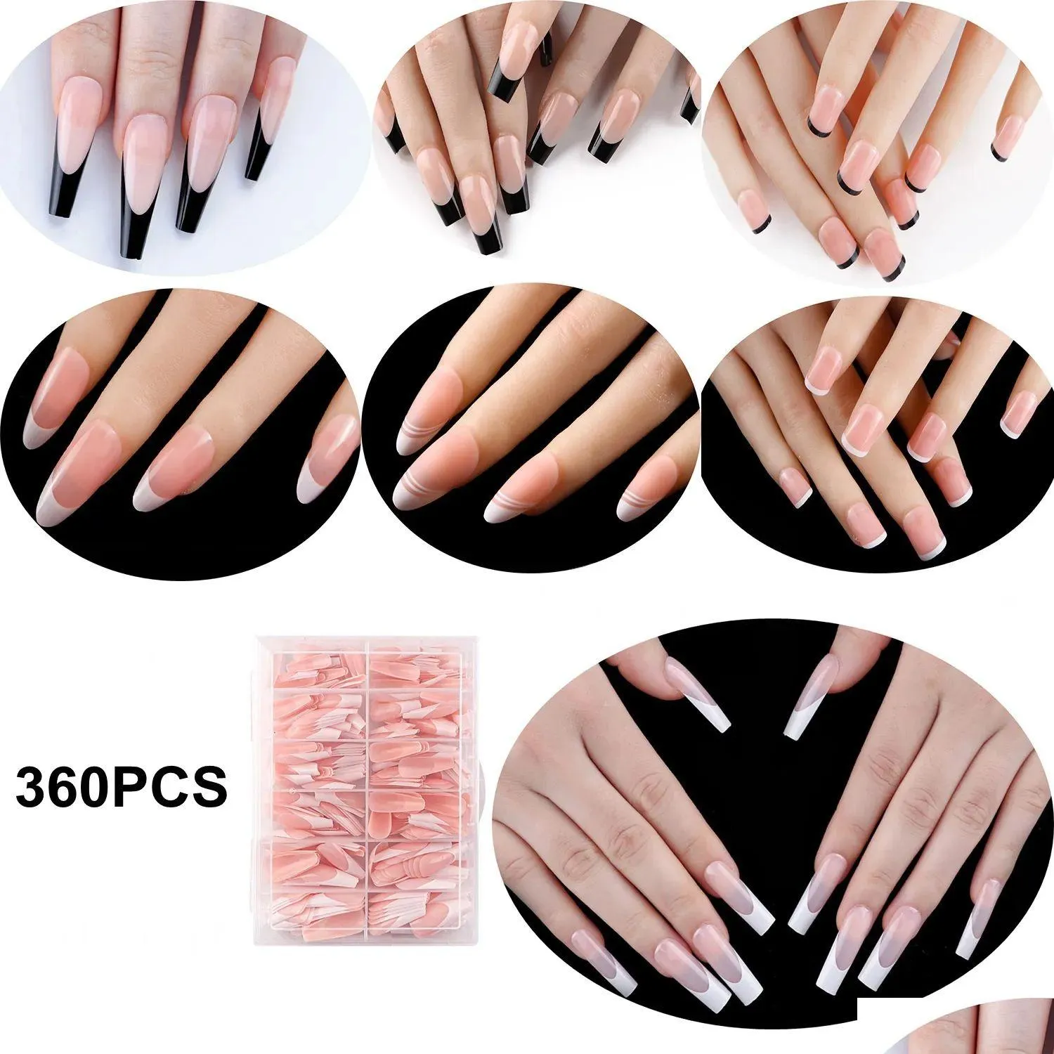 Pregos Falsos 360 Pcs Coffin Press On Nails Long Amêndoa Falso Quadrado Francês Falso Branco Preto DIY Wearable Fl Er Nail Tips Drop Delivery H Dhxh8