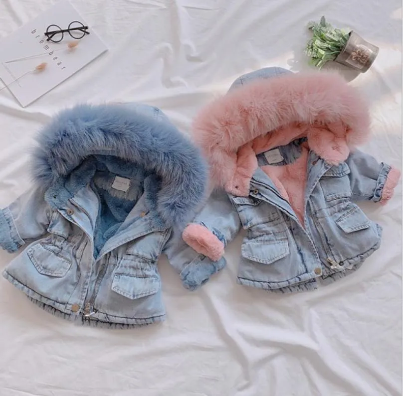 Baby girls denim coat kids fur collar hooded jean outwear children velvet thicken warm cowboy coat A40367986980