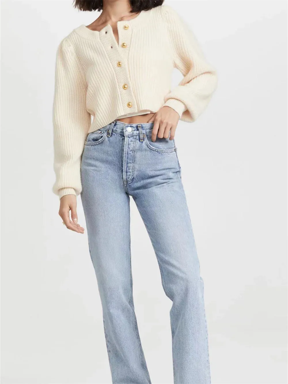 Kobiety wysokie talia proste niebieskie dżinsowe spodnie wczesne wiosny letnie żeńskie dżinsy w stylu vintage z kieszeniami 240223