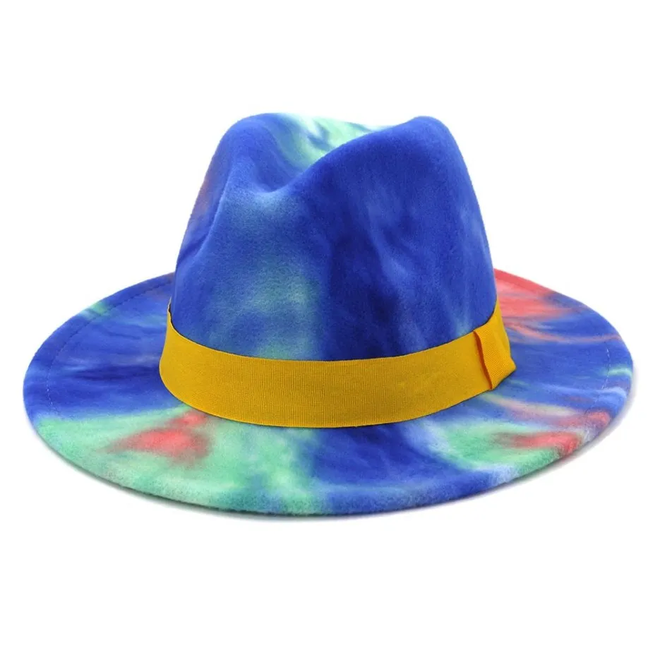 أزياء مسطحة Brim Jazz Felt Hat وصول جديد سيدة عصرية ملونة TIE DYE Panama Faux Wool Wool Fedora Hat Cap with Yellow Band244o