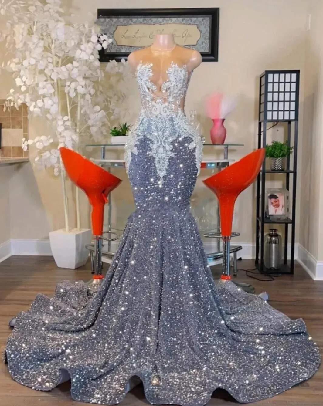 open lace back dress Ball Gown V Neck Appliques Tulle Long Sleeves Prom Dresses| Alinepromdress main image 0