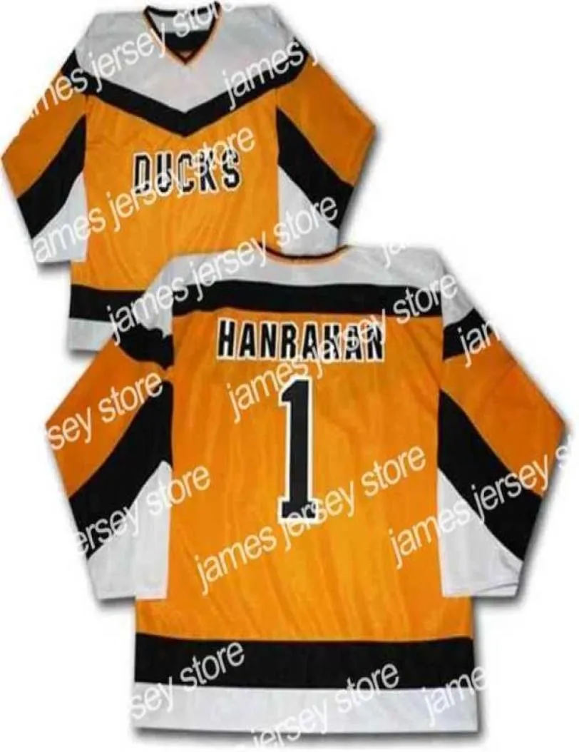 College Hockey trägt Nik1 Slap S Movie DUCKS 1 HANRAHAN Eishockey-Trikot, Herren-Stickerei, genäht, individuelle Nummer und na8864083