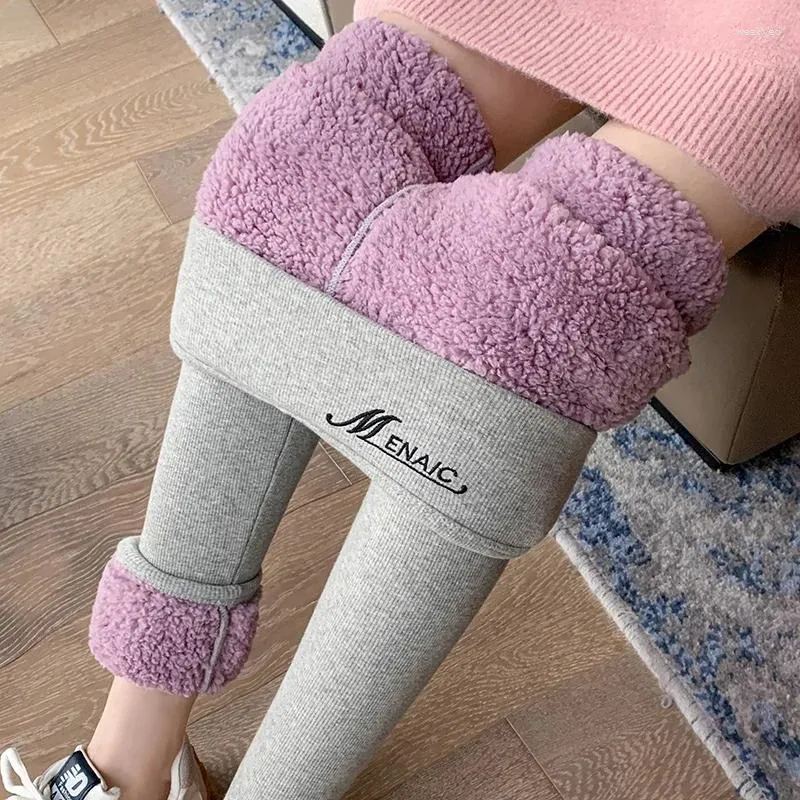 Kvinnors byxor vinter tjocka varma plysch kvinnor mode hög midja tätt fleece byxor kvinna fast färg avslappnad stretchig leggings