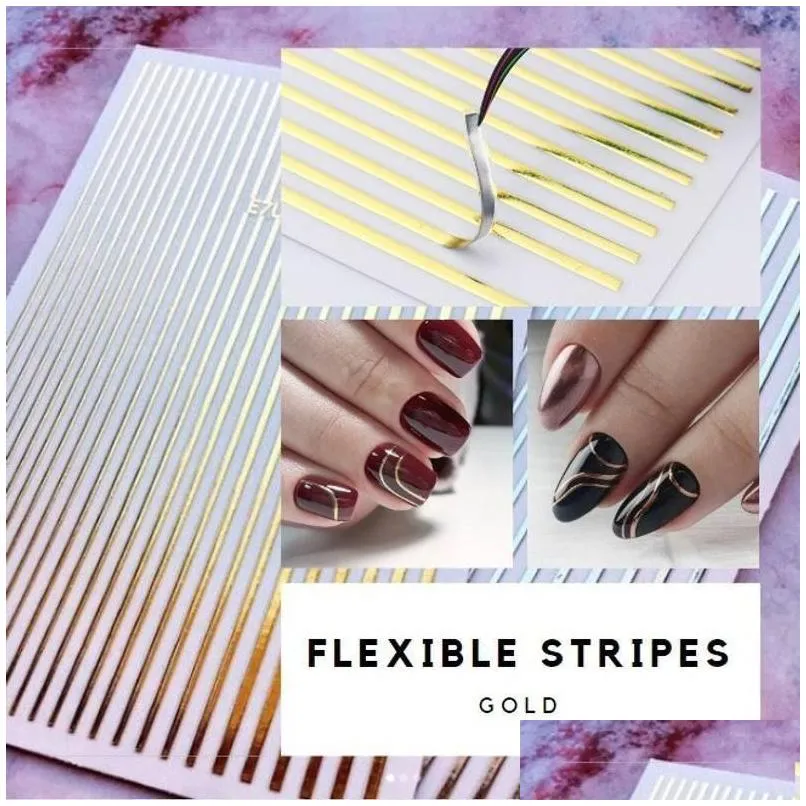 Nail Art Decorations Flexible Gold Stripe Chrome Tape 3D5 Colors Line Stickers Metallic Sticker For 3D Diy Hollow Decals Drop Deliver Dh8Ni