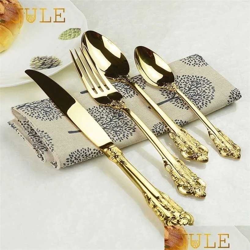 Set di stoviglie Set di posate da tavola vintage placcato oro occidentale 24 pezzi Coltelli da pranzo Forchette Cucchiaini Set di stoviglie di lusso dorate En Dhu0J