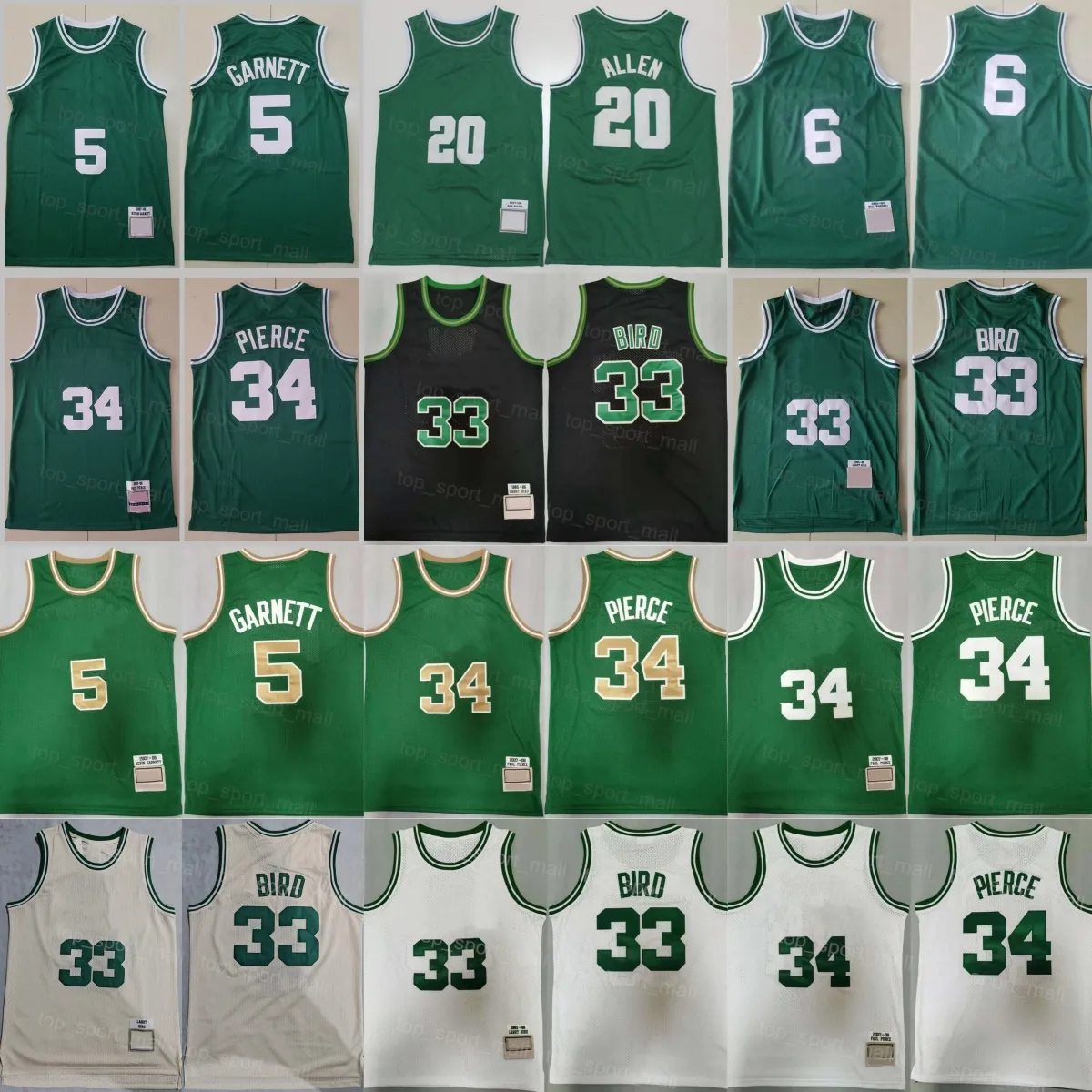 Retro Basketball Kevin Garnett Trikot 5 Ray Allen 20 Paul Pierce 34 Larry Bird 33 Vintage Farbe Schwarz Grün Weiß Atmungsaktiv genäht Sport Throwback Hohe Qualität