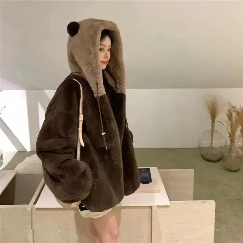 Pele inverno fofo veludo acolchoado jaqueta orelhas de urso manga longa zíper oversize luz macio harajuku kawaii pele do falso hoodie 2023 b217