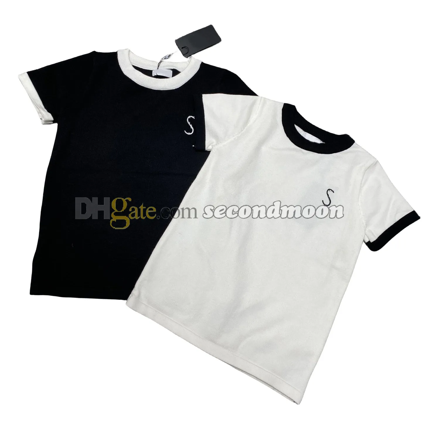 Mit Buchstaben besticktes T-Shirt für Damen, lässiges Strickoberteil, kontrastfarbene T-Shirts, kurzärmelige Strickwaren