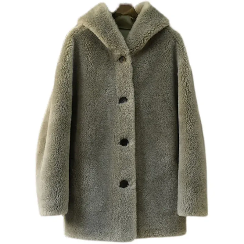 Fur Women's Real Wool Fur Hooded Warm Jacket Female Girl Sheep Shearling Winter Coat Parka PT302