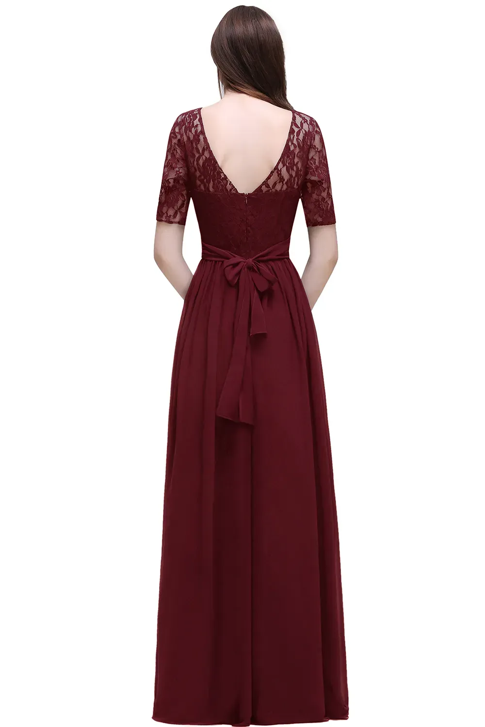 BABYONLINE Burgundy Bridesmaid Dress with a 3/4 Aleeved Chiffon Dress with Lace Bodice Illusion Sleeve Fully Lined Zip up Back CPS522