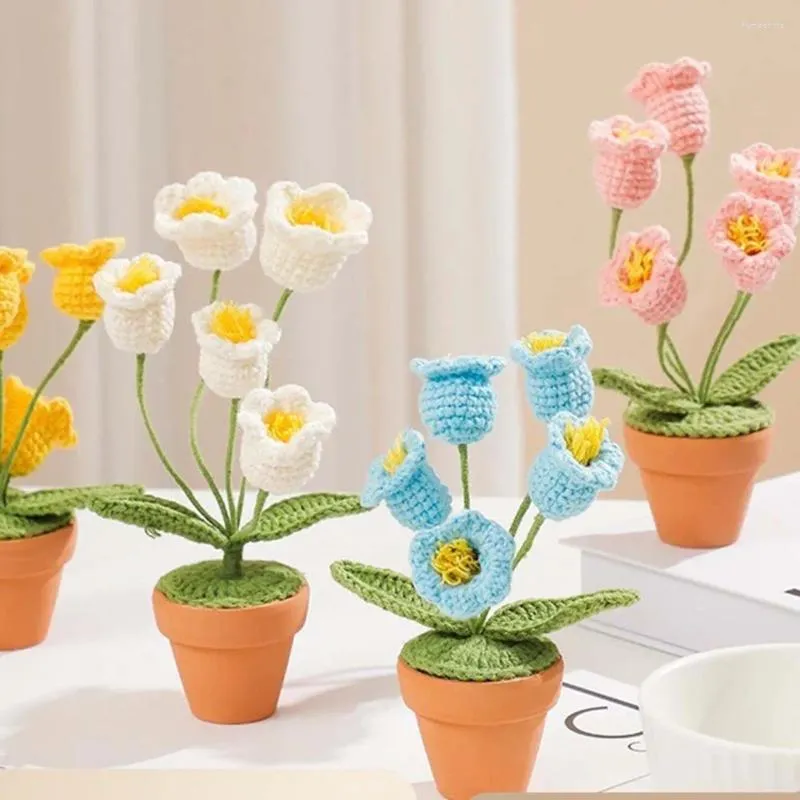 Decorative Flowers 1pc 11cmx5cm Wool Braided Potted Plant Knitted Bonsai Ornament Home Decoration Desktop Decor White/pink/yellow/blue